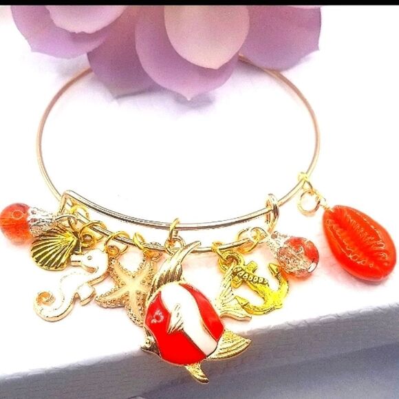 Gold toned bangle cuff Adustible charm bracelet hand made. - Picture 1 of 4